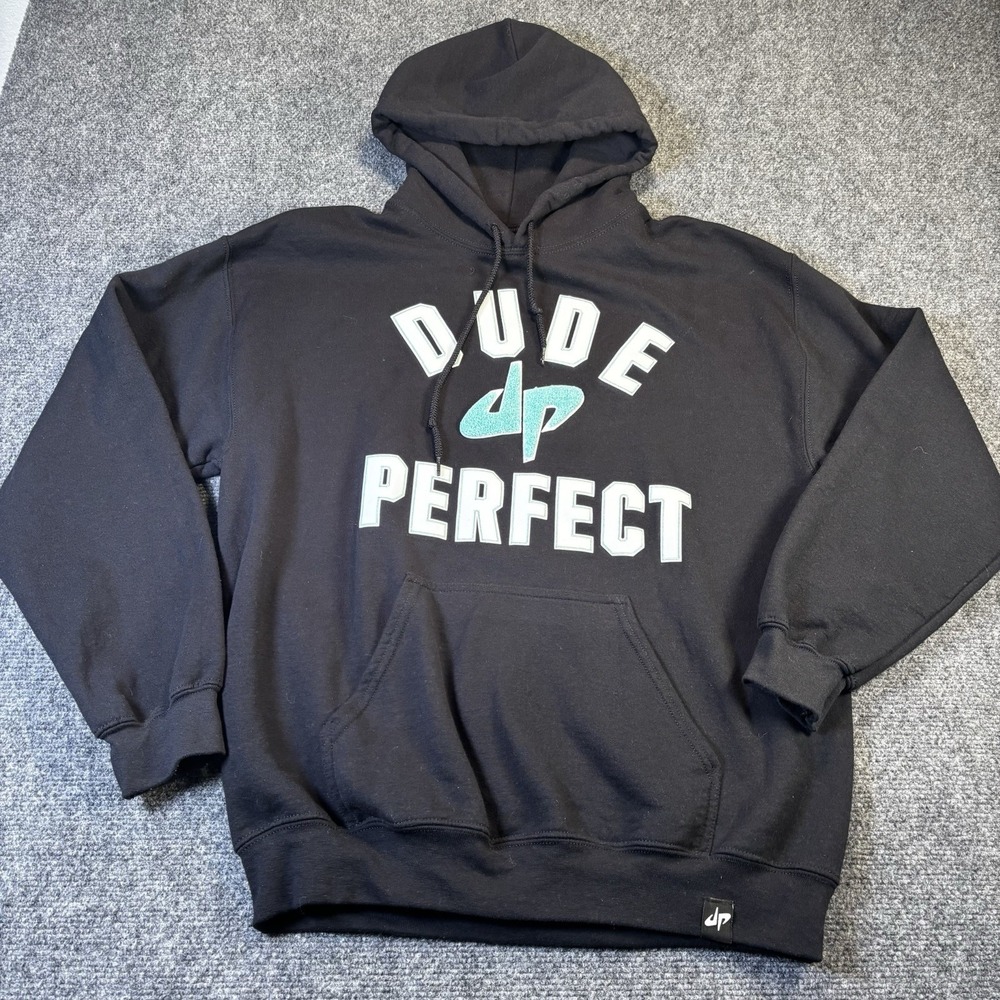 Dude Perfect Hoodie Mens‎ Medium Black Teal Logo Graphic Pullover Sweatshirt